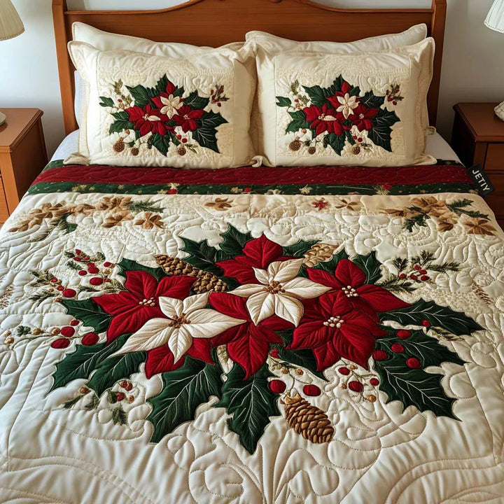 Quilted Bed Set 3 Pieces - Charm of Poinsettias