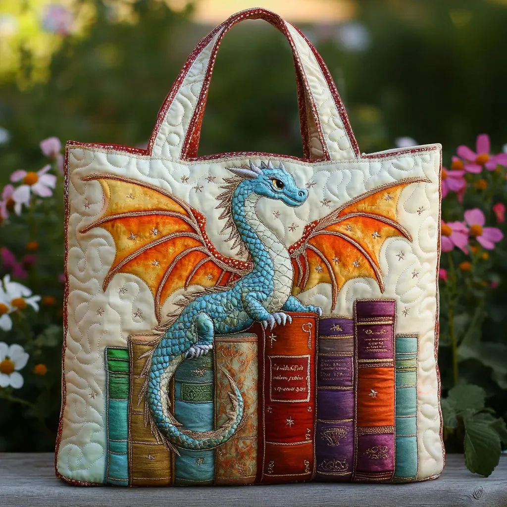 Quilted Tote Bag - Emerald Dragon Keeper of Books
