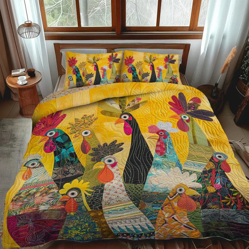 Quilted Bed Set 3 Pieces - Roosters of Dawn