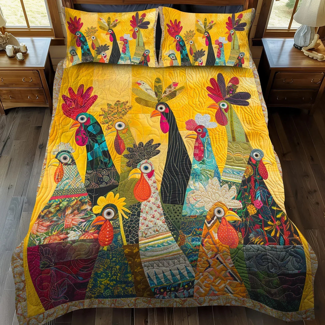 Quilted Bed Set 3 Pieces - Roosters of Dawn