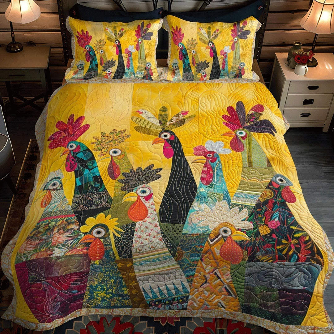 Quilted Bed Set 3 Pieces - Roosters of Dawn