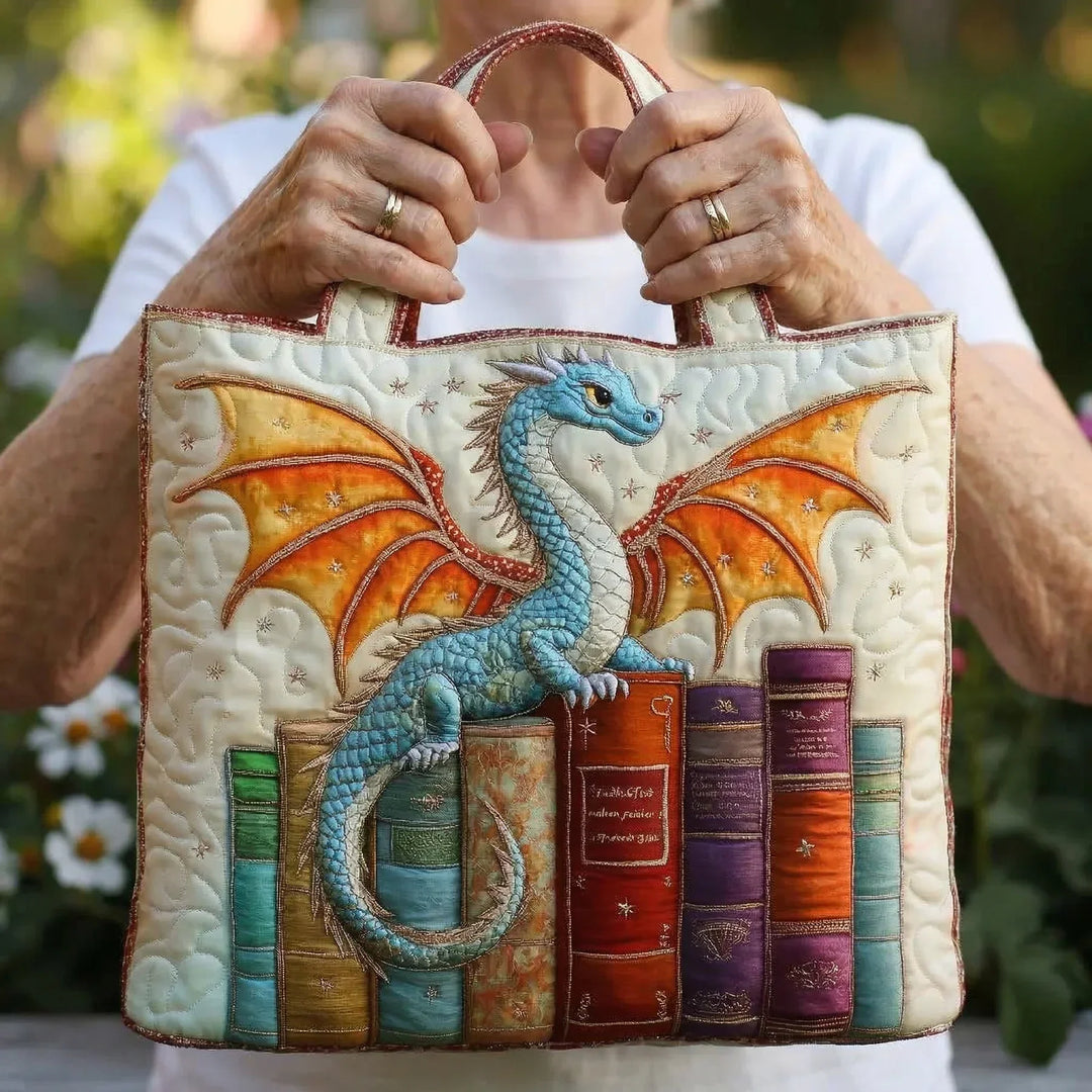 Quilted Tote Bag - Emerald Dragon Keeper of Books