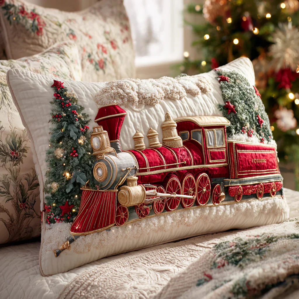 Quilted Cushion Cover - Festive Steam Locomotive